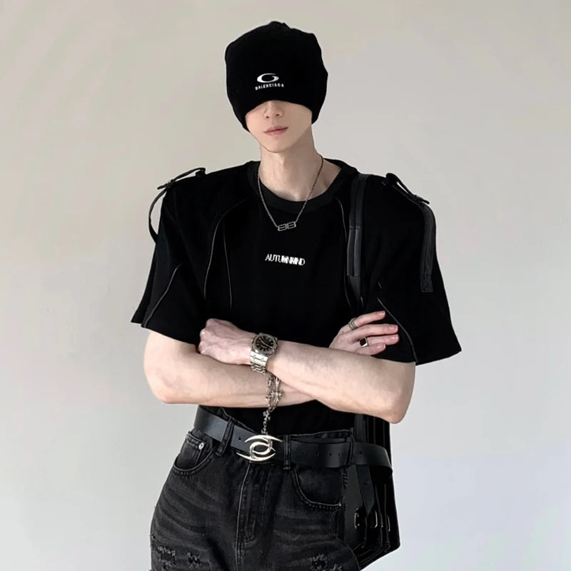 Niche Design Men's Tees Round Neck Metal Shoulder Padded Deconstruction Solid Color Loose Ribbon Male T-shirts New XL36