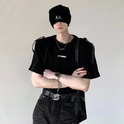 Niche Design Men's Tees Round Neck Metal Shoulder Padded Deconstruction Solid Color Loose Ribbon Male T-shirts New XL36