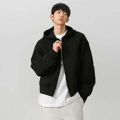 New Spring Men's Hoodies Hooded Zipper Structure Solid Color Loose Short Menswear Tops Casual Male Sweatshirts New 9W590 XL42