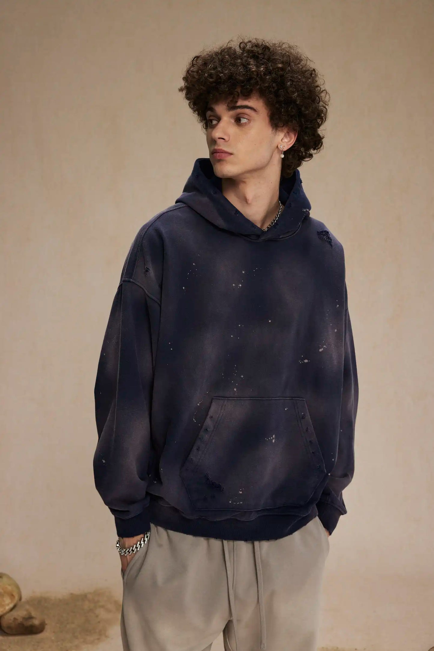 Spray-stained ink holes worn hoodie　XL43
