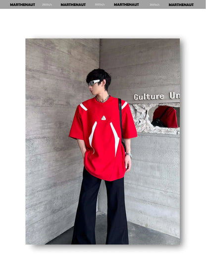 Contrast Color Patchwork Men's Tees Metal Detachable Shoulder Pads New Short Sleeved O-neck Male T-shirts XL36
