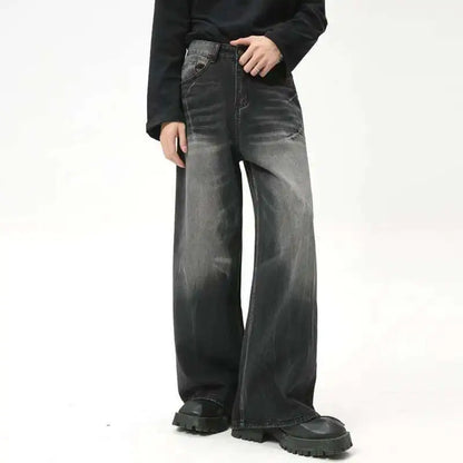 American Style Male Jeans Loose Zipper Wide-leg Washed Denim Pants High Street Summer New Trendy Trousers 2024 9C6160 XL50