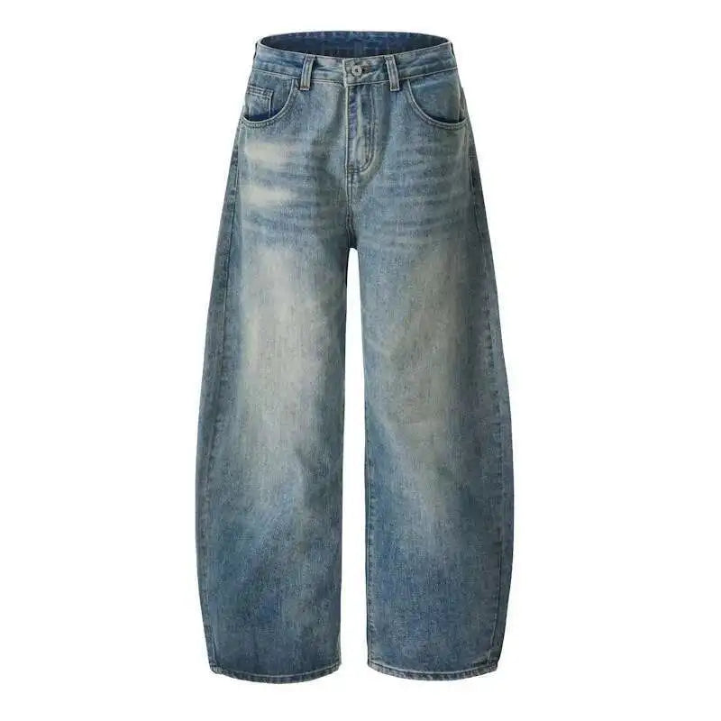Korean Style Men's Denim Pants Solid Color Washing Moustache Effect New Spring Straight Wide Leg Loose Male Jeans 9W1188 XL53
