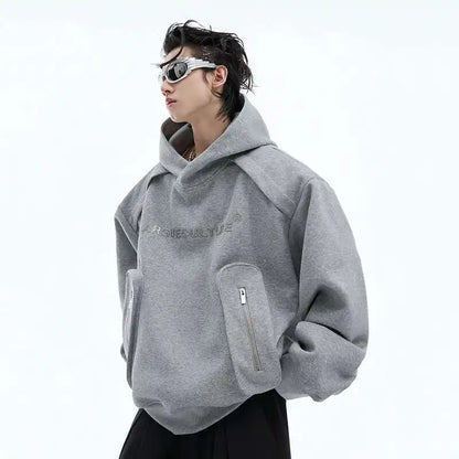 Korean Style Men's Hoodies Patchwork Three-dimensional Pockets Shoulder Pads Letter Printing Loose Male Sweatshirts XL35