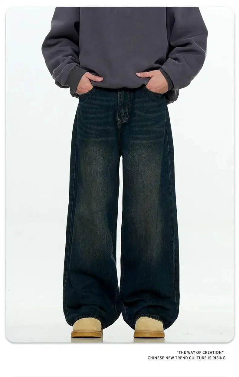 Simple Men's Denim Trousers Solid Color Casual Worn-out Washing Straight Bottom Wide Leg Loose Male Jeans Fashion 9W431 XL54
