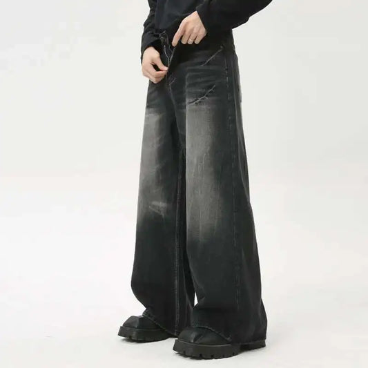 American Style Male Jeans Loose Zipper Wide-leg Washed Denim Pants High Street Summer New Trendy Trousers 2024 9C6160 XL50