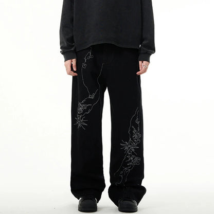 American Style Men's Denim Pants Embroidery Contrast Color XL32