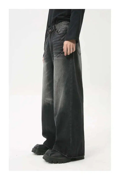 American Style Male Jeans Loose Zipper Wide-leg Washed Denim Pants High Street Summer New Trendy Trousers 2024 9C6160 XL50