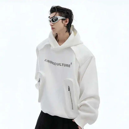 Korean Style Men's Hoodies Patchwork Three-dimensional Pockets Shoulder Pads Letter Printing Loose Male Sweatshirts XL35