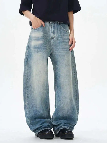 Korean Style Men's Denim Pants Solid Color Washing Moustache Effect New Spring Straight Wide Leg Loose Male Jeans 9W1188 XL53