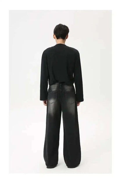 American Style Male Jeans Loose Zipper Wide-leg Washed Denim Pants High Street Summer New Trendy Trousers 2024 9C6160 XL50