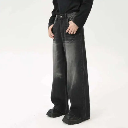 American Style Male Jeans Loose Zipper Wide-leg Washed Denim Pants High Street Summer New Trendy Trousers 2024 9C6160 XL50