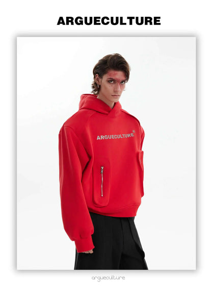 Korean Style Men's Hoodies Patchwork Three-dimensional Pockets Shoulder Pads Letter Printing Loose Male Sweatshirts XL35