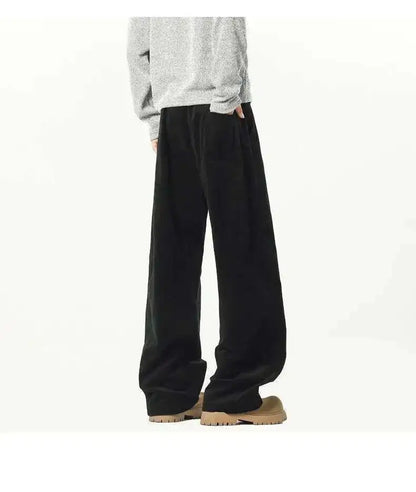 Elastic Waist Men's Casual Pants Solid Color Drawstring Straight Corduroy Machete Trousers Wide Leg Male Bottom 2025 9W588 XL57