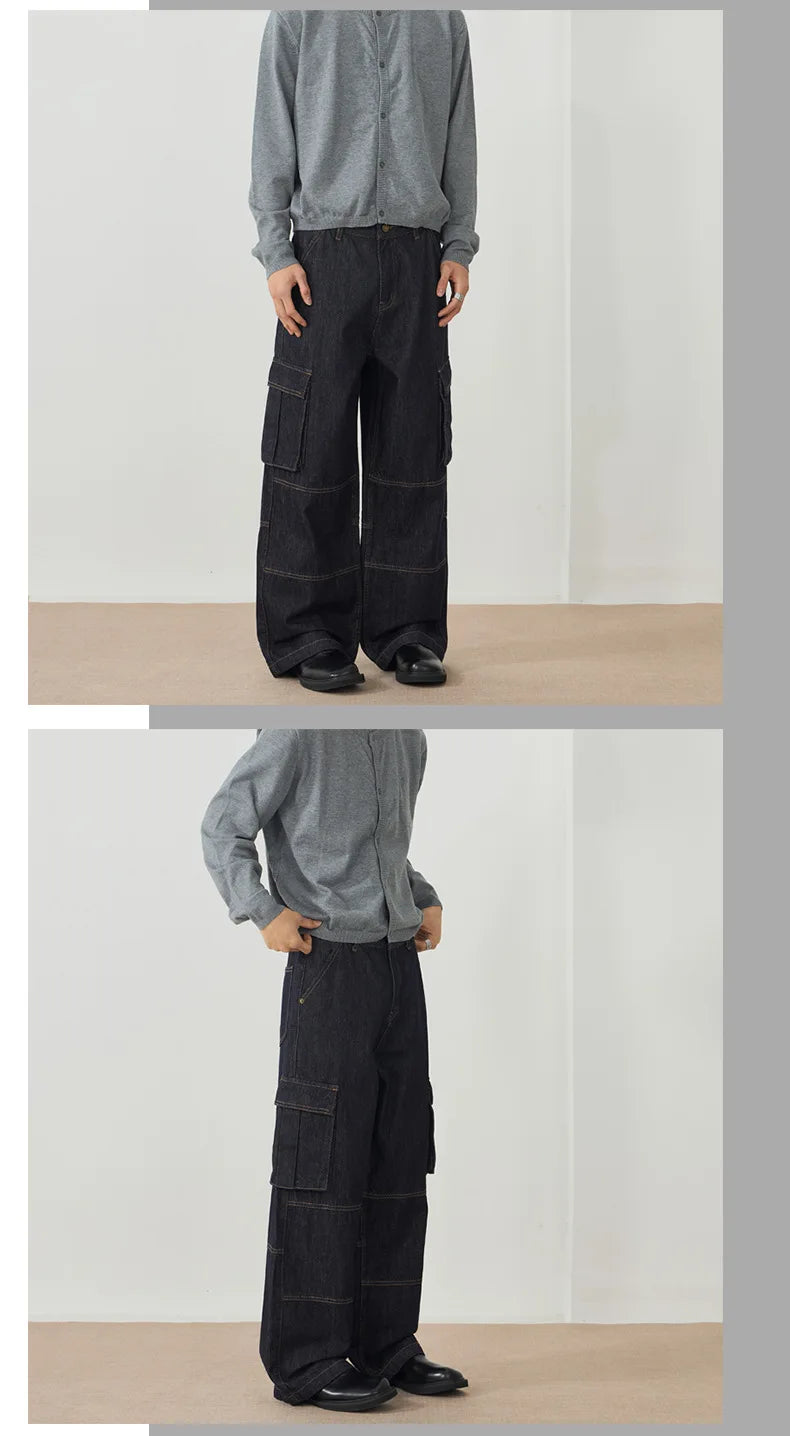 Men's Jeans New American Style Straight Leg Trendy Multi Pockets Line Design Splicing Male Summer Loose Bottoms 9W1900 XL51