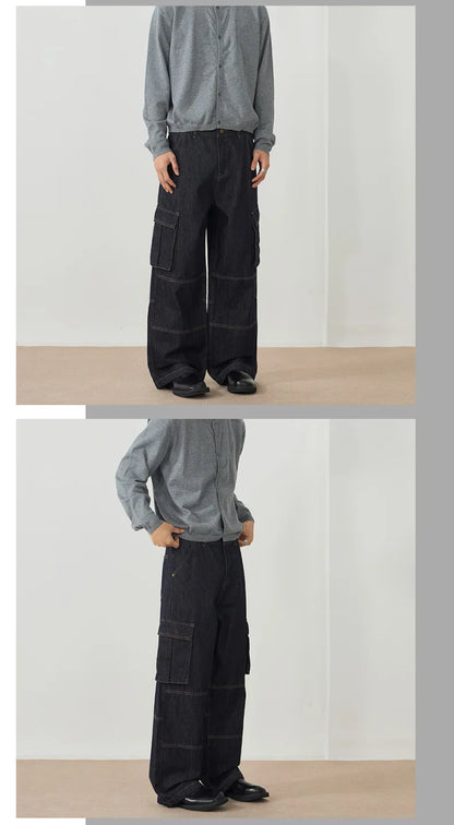 Men's Jeans New American Style Straight Leg Trendy Multi Pockets Line Design Splicing Male Summer Loose Bottoms 9W1900 XL51
