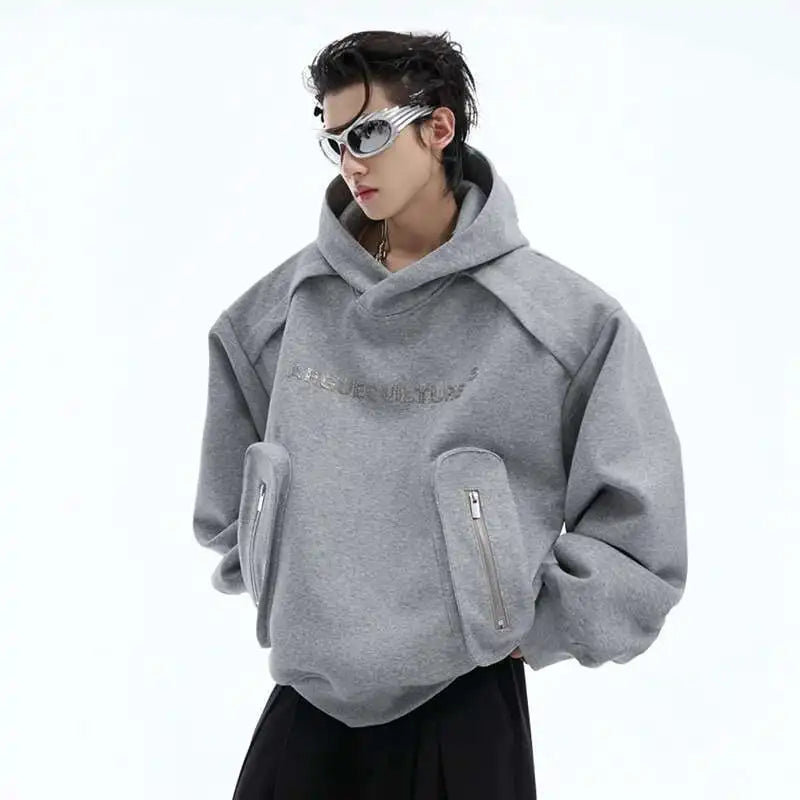 Korean Style Men's Hoodies Patchwork Three-dimensional Pockets Shoulder Pads Letter Printing Loose Male Sweatshirts XL35
