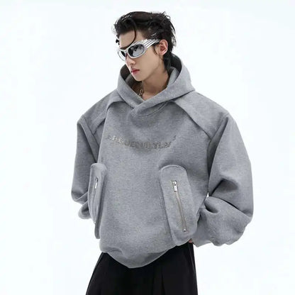 Korean Style Men's Hoodies Patchwork Three-dimensional Pockets Shoulder Pads Letter Printing Loose Male Sweatshirts XL35