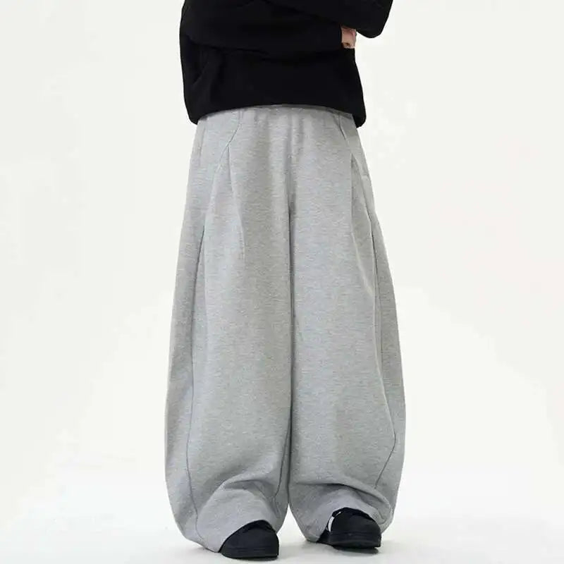 Pleated Design Men's Casual Pants Solid Color Elastic Waist Wide Leg Sweatpants Silhouette All-match Male Bottom New 9W1052 XL58