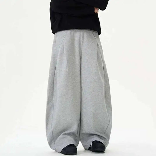 Pleated Design Men's Casual Pants Solid Color Elastic Waist Wide Leg Sweatpants Silhouette All-match Male Bottom New 9W1052 XL58