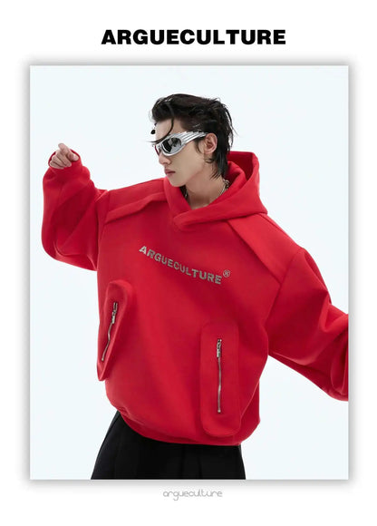 Korean Style Men's Hoodies Patchwork Three-dimensional Pockets Shoulder Pads Letter Printing Loose Male Sweatshirts XL35
