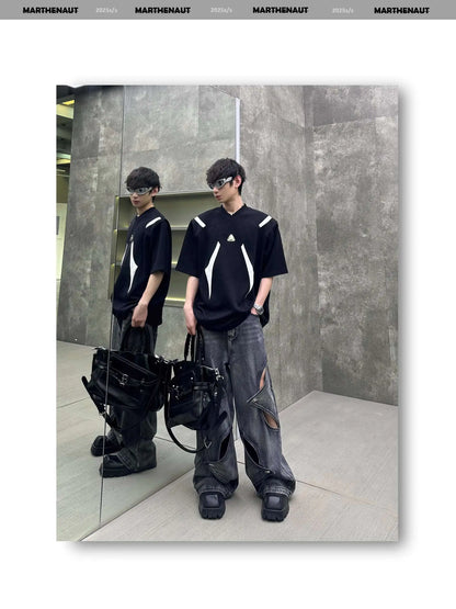 Contrast Color Patchwork Men's Tees Metal Detachable Shoulder Pads New Short Sleeved O-neck Male T-shirts XL36