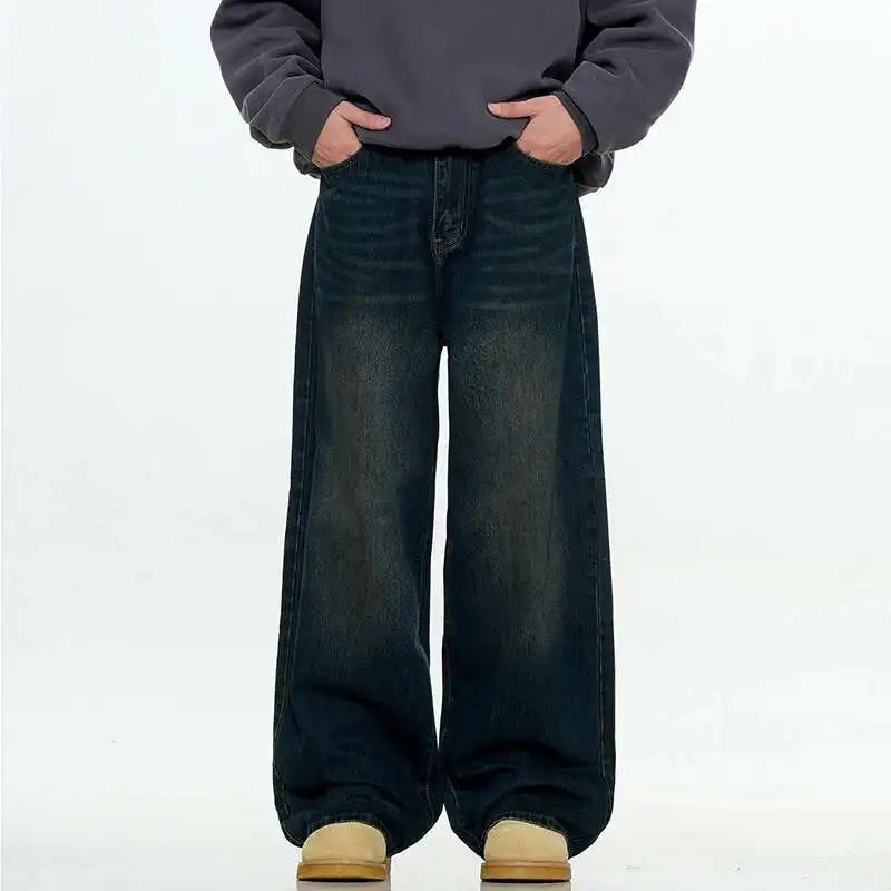 Simple Men's Denim Trousers Solid Color Casual Worn-out Washing Straight Bottom Wide Leg Loose Male Jeans Fashion 9W431 XL54