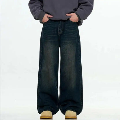 Simple Men's Denim Trousers Solid Color Casual Worn-out Washing Straight Bottom Wide Leg Loose Male Jeans Fashion 9W431 XL54