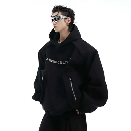 Korean Style Men's Hoodies Patchwork Three-dimensional Pockets Shoulder Pads Letter Printing Loose Male Sweatshirts XL35
