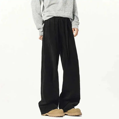 Elastic Waist Men's Casual Pants Solid Color Drawstring Straight Corduroy Machete Trousers Wide Leg Male Bottom 2025 9W588 XL57