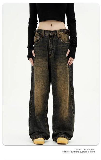 American Style Men's Jeans Washing Contrast Color Worn-out Trousers Straight Wide Leg Male Denim Pants New Summer 9C8884 XL49