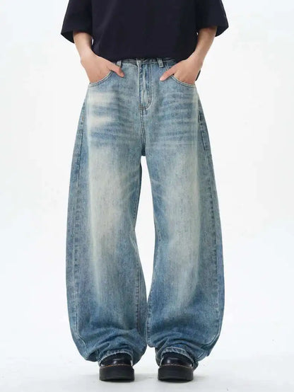 Korean Style Men's Denim Pants Solid Color Washing Moustache Effect New Spring Straight Wide Leg Loose Male Jeans 9W1188 XL53