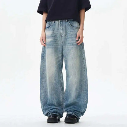 Korean Style Men's Denim Pants Solid Color Washing Moustache Effect New Spring Straight Wide Leg Loose Male Jeans 9W1188 XL53