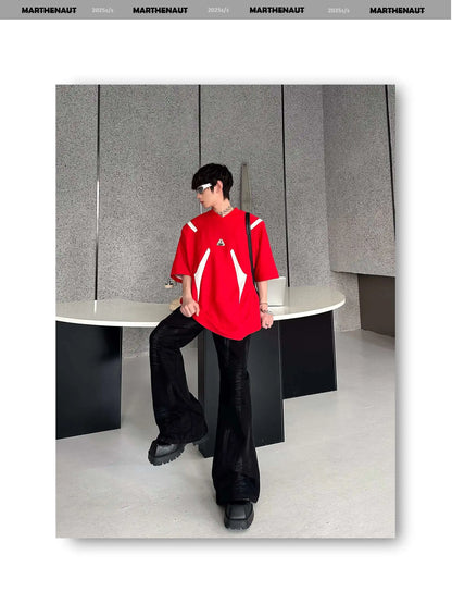 Contrast Color Patchwork Men's Tees Metal Detachable Shoulder Pads New Short Sleeved O-neck Male T-shirts XL36