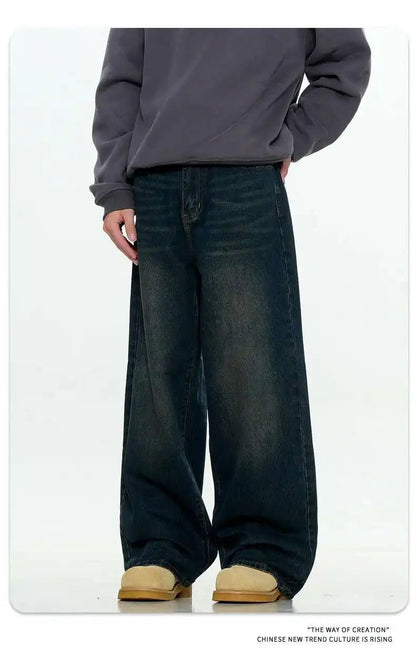 Simple Men's Denim Trousers Solid Color Casual Worn-out Washing Straight Bottom Wide Leg Loose Male Jeans Fashion 9W431 XL54