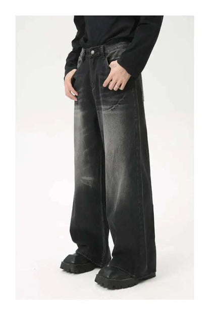 American Style Male Jeans Loose Zipper Wide-leg Washed Denim Pants High Street Summer New Trendy Trousers 2024 9C6160 XL50