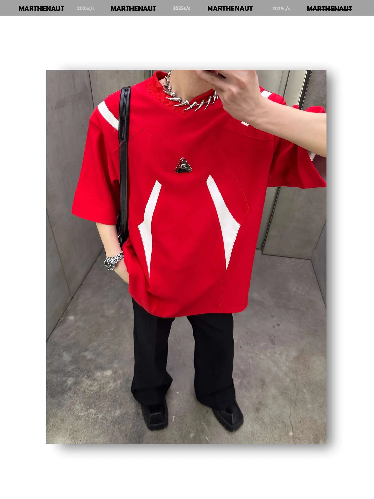 Contrast Color Patchwork Men's Tees Metal Detachable Shoulder Pads New Short Sleeved O-neck Male T-shirts XL36