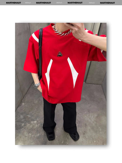Contrast Color Patchwork Men's Tees Metal Detachable Shoulder Pads New Short Sleeved O-neck Male T-shirts XL36