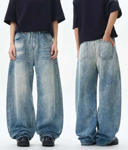Korean Style Men's Denim Pants Solid Color Washing Moustache Effect New Spring Straight Wide Leg Loose Male Jeans 9W1188 XL53