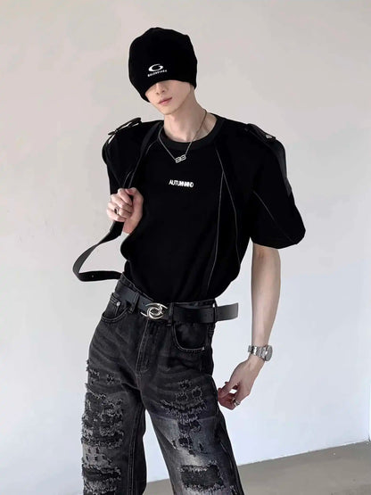 Niche Design Men's Tees Round Neck Metal Shoulder Padded Deconstruction Solid Color Loose Ribbon Male T-shirts New XL36