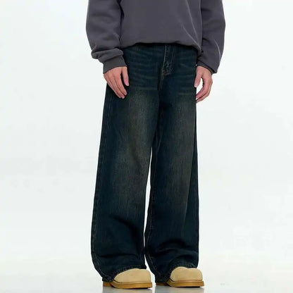 Simple Men's Denim Trousers Solid Color Casual Worn-out Washing Straight Bottom Wide Leg Loose Male Jeans Fashion 9W431 XL54