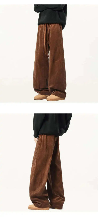 Elastic Waist Men's Casual Pants Solid Color Drawstring Straight Corduroy Machete Trousers Wide Leg Male Bottom 2025 9W588 XL57