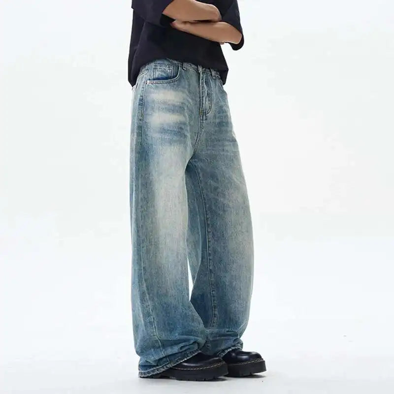 Korean Style Men's Denim Pants Solid Color Washing Moustache Effect New Spring Straight Wide Leg Loose Male Jeans 9W1188 XL53