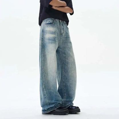 Korean Style Men's Denim Pants Solid Color Washing Moustache Effect New Spring Straight Wide Leg Loose Male Jeans 9W1188 XL53