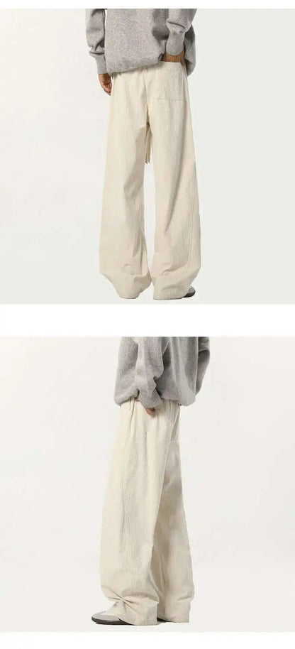 Elastic Waist Men's Casual Pants Solid Color Drawstring Straight Corduroy Machete Trousers Wide Leg Male Bottom 2025 9W588 XL57