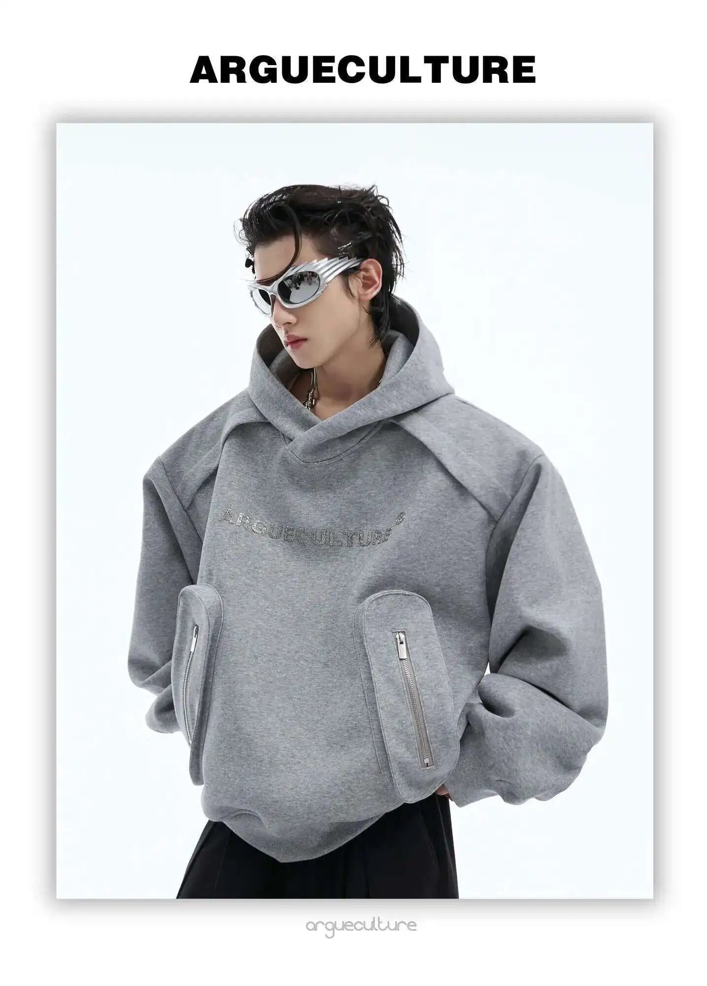 Korean Style Men's Hoodies Patchwork Three-dimensional Pockets Shoulder Pads Letter Printing Loose Male Sweatshirts XL35