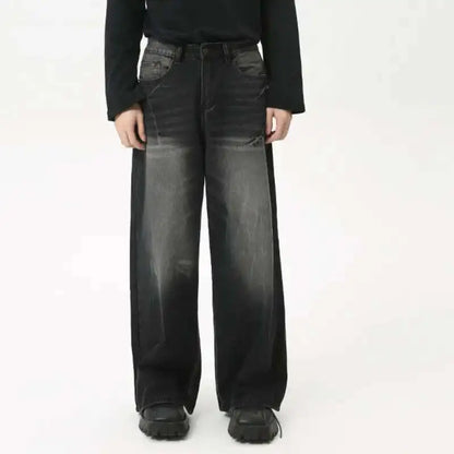 American Style Male Jeans Loose Zipper Wide-leg Washed Denim Pants High Street Summer New Trendy Trousers 2024 9C6160 XL50