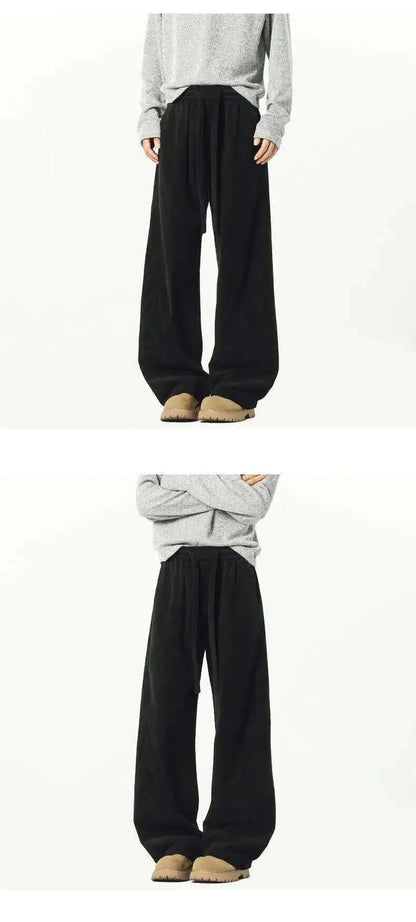 Elastic Waist Men's Casual Pants Solid Color Drawstring Straight Corduroy Machete Trousers Wide Leg Male Bottom 2025 9W588 XL57