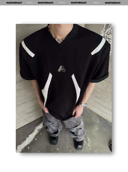 Contrast Color Patchwork Men's Tees Metal Detachable Shoulder Pads New Short Sleeved O-neck Male T-shirts XL36