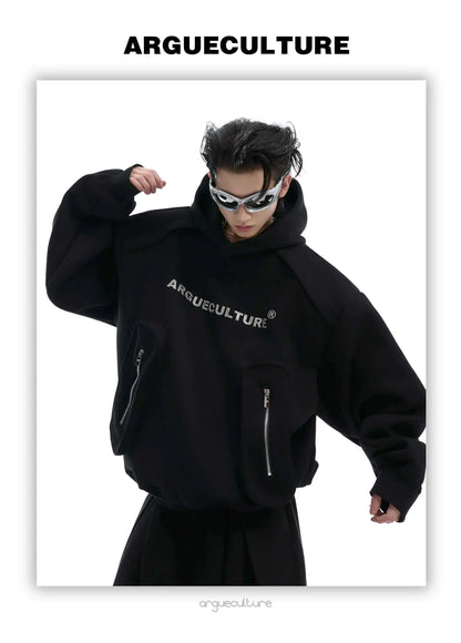 Korean Style Men's Hoodies Patchwork Three-dimensional Pockets Shoulder Pads Letter Printing Loose Male Sweatshirts XL35